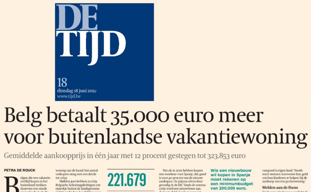De Tijd voorpagina - 18/06/2024 - Belg betaat 35.000 euro meer voor buitenlandse vakantiewoning